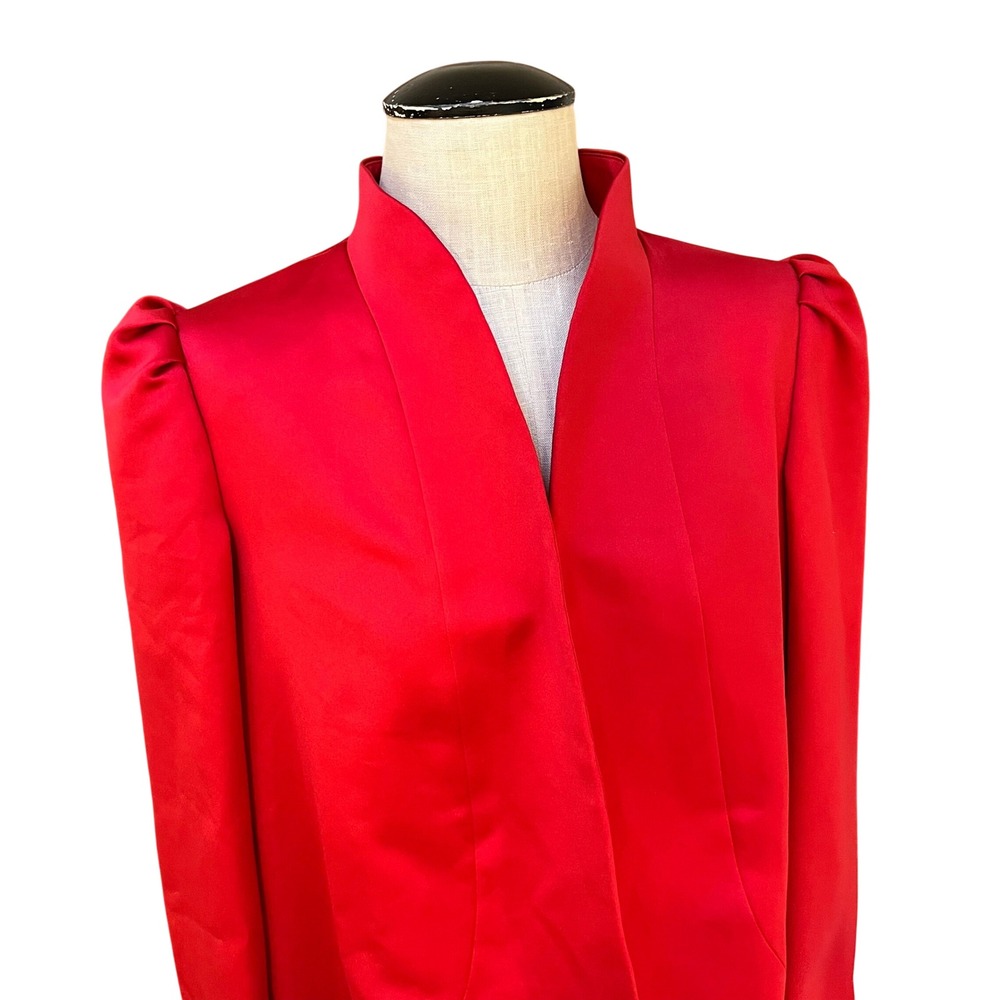 Vintage Estevez Red Silk Open Front Blazer Puffed Shoulder Evening Jacket Sz 8‎